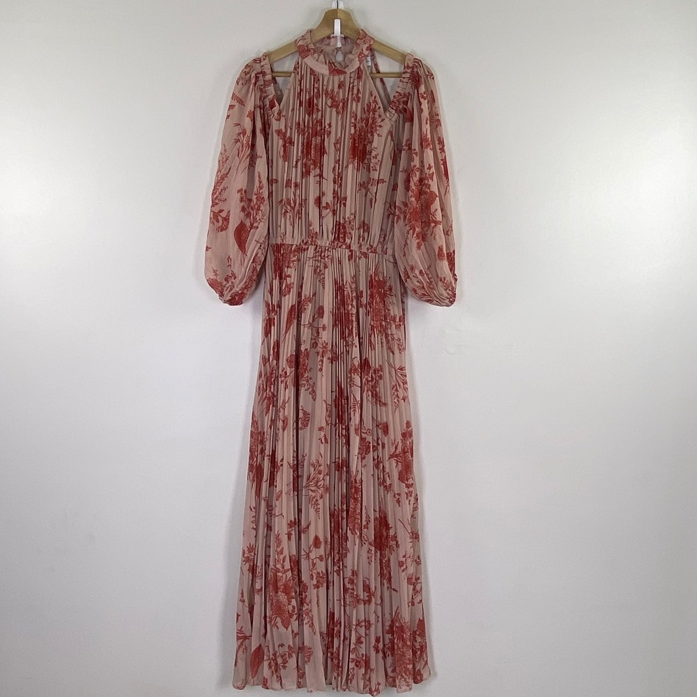 Petal & Pup Hilary Pleated Maxi Dress M Red Floral Cold Shoulder Balloon Sleeve